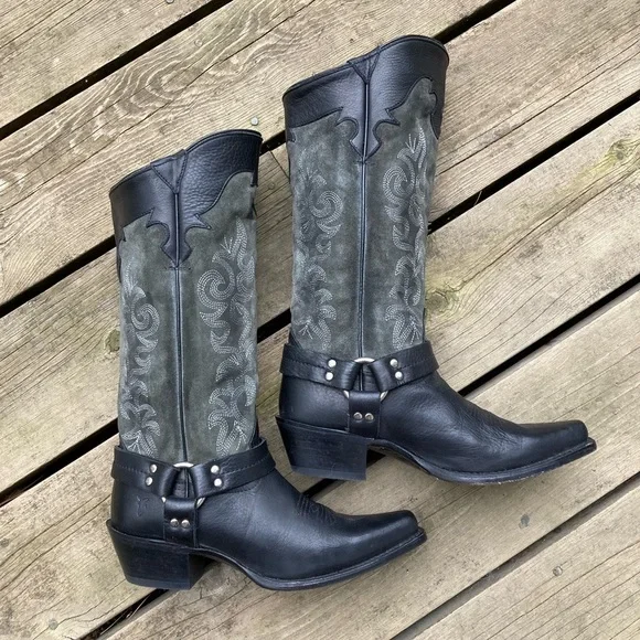 FRYE Boots LILY HARNESS Leather Suede Black Gray Embroidered Western Size 7.5 - Picture 2 of 13